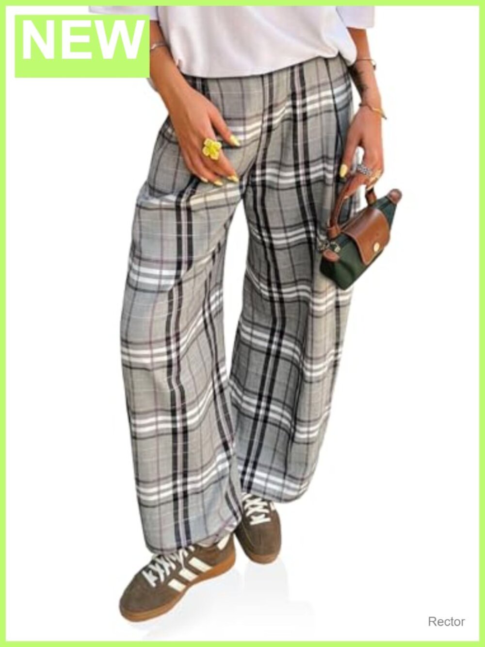 Wide Leg Plaid Trousers High Waisted Palazzo Elastic Waist Pants